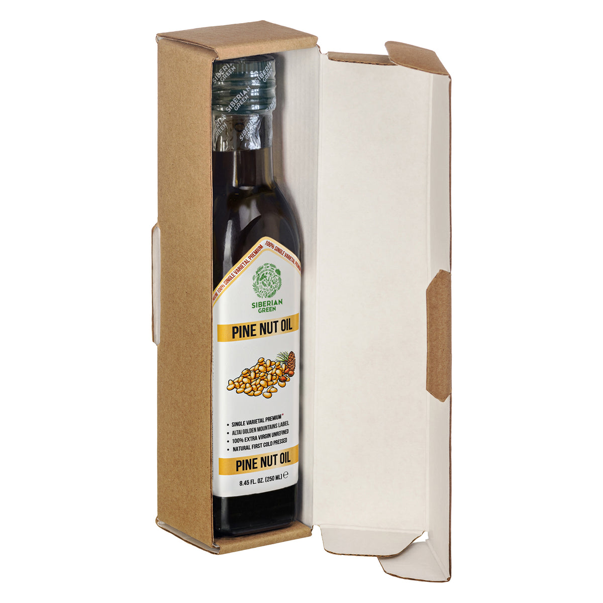 Sibirisches grünes Bio-Kiefernnussöl - kaltgepresst | 250ml Glasflasche