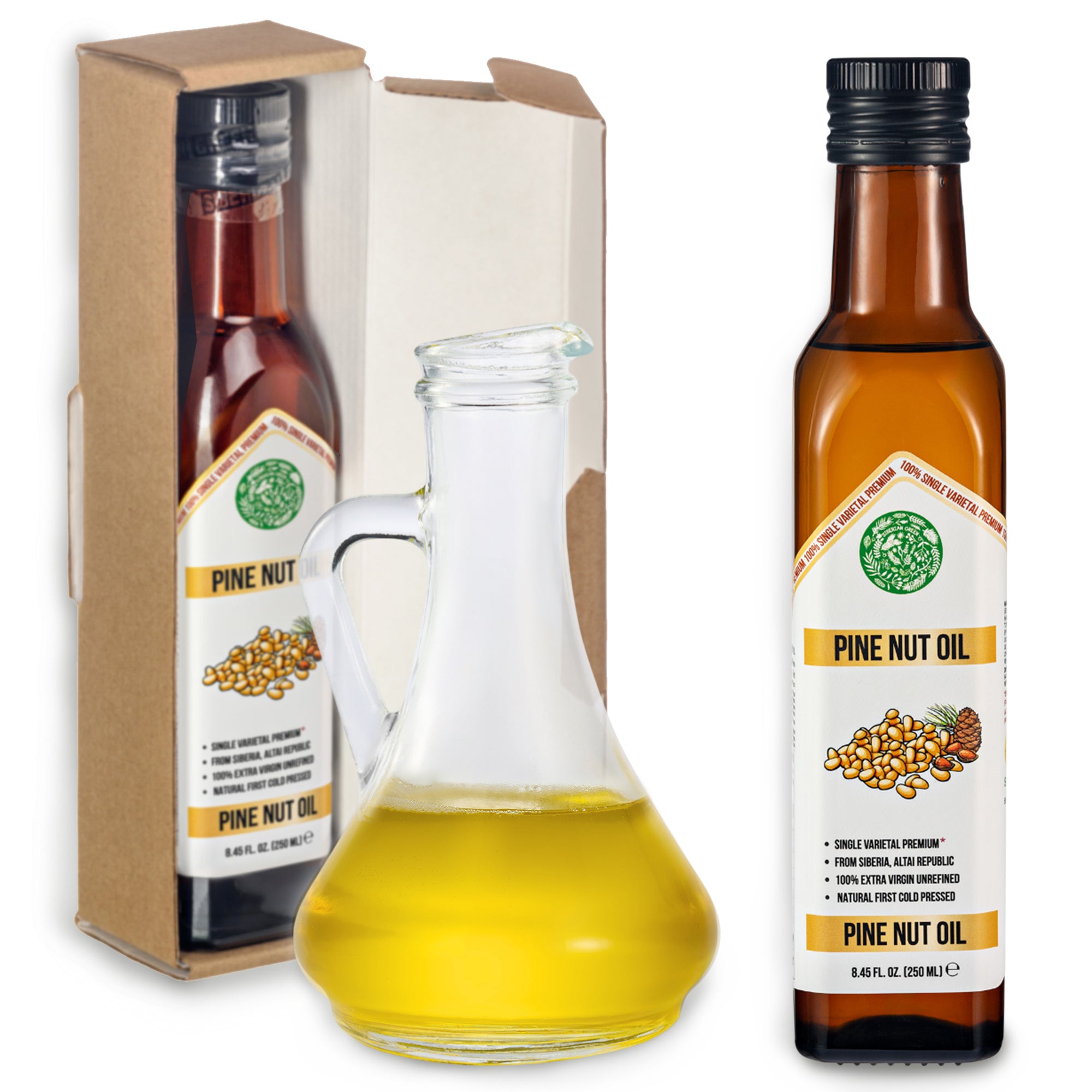 Sibirisches grünes Bio-Kiefernnussöl - kaltgepresst | 250ml Glasflasche