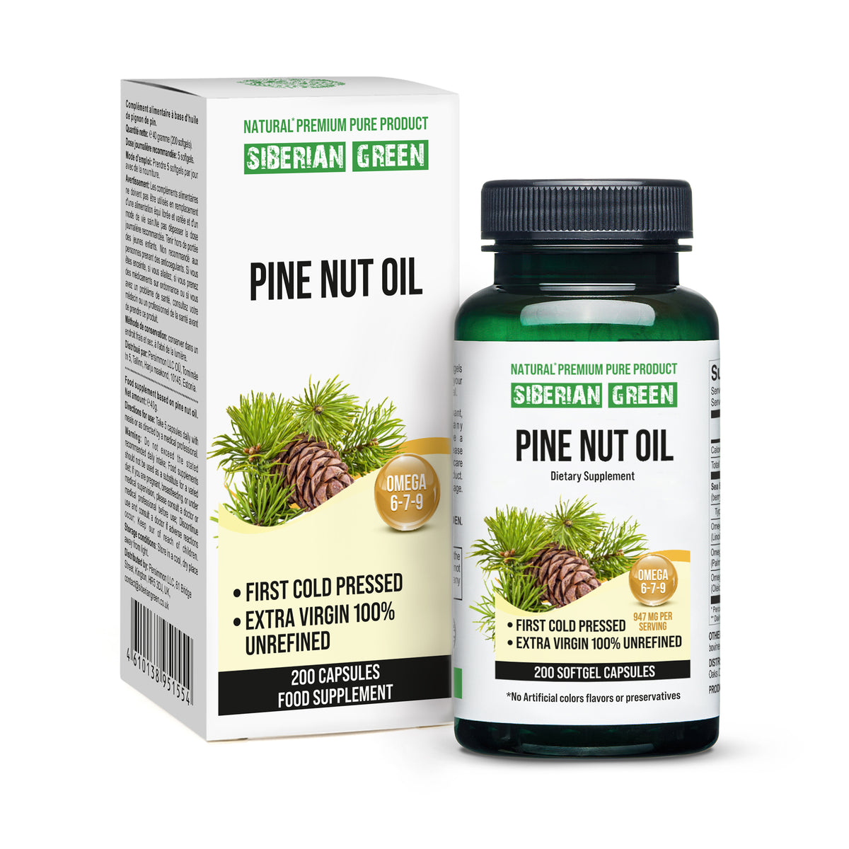 Sibirisches Pinienkernöl Kapseln - 200 Softgels | Wild geerntet & kalt gepresst