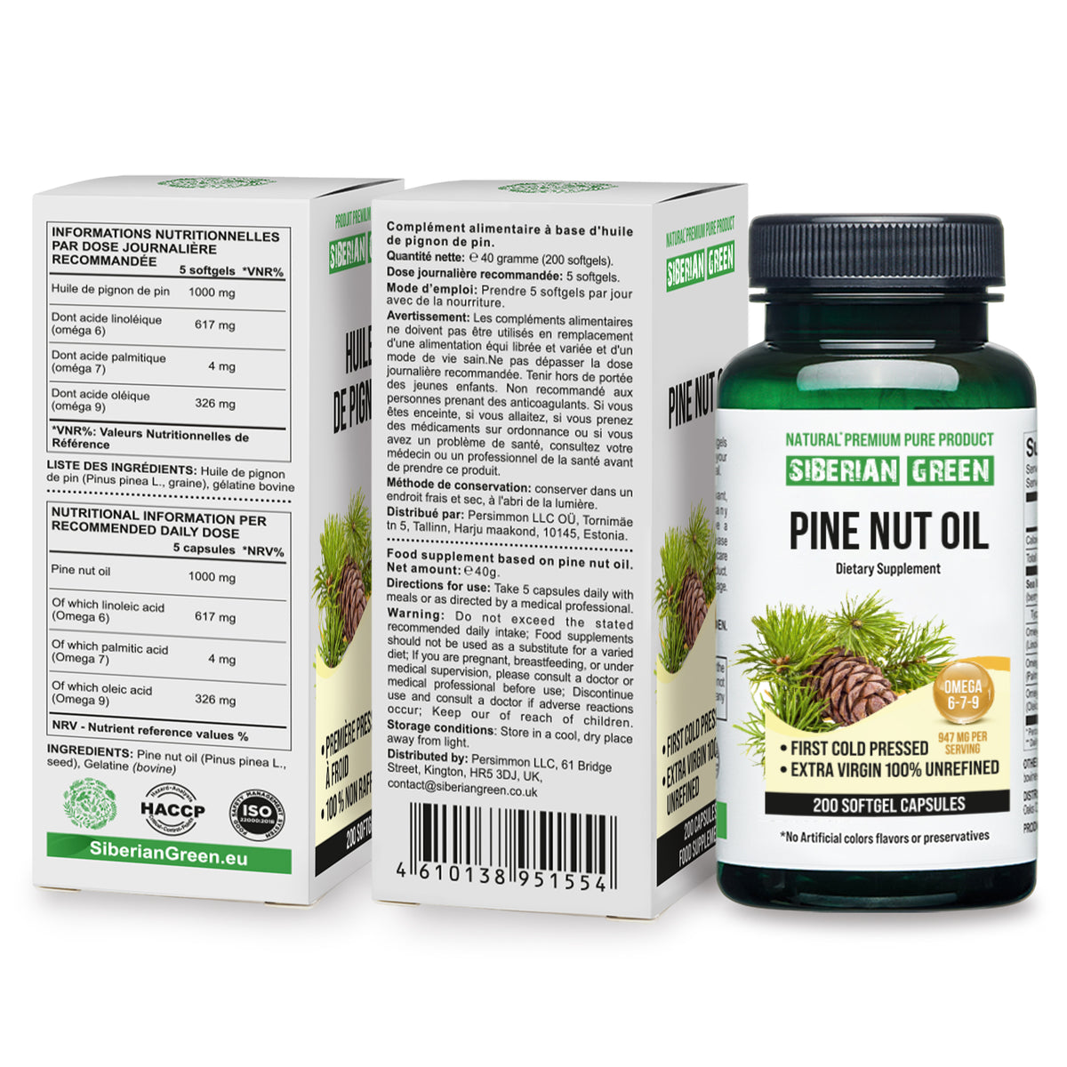 Sibirisches Pinienkernöl Kapseln - 200 Softgels | Wild geerntet & kalt gepresst
