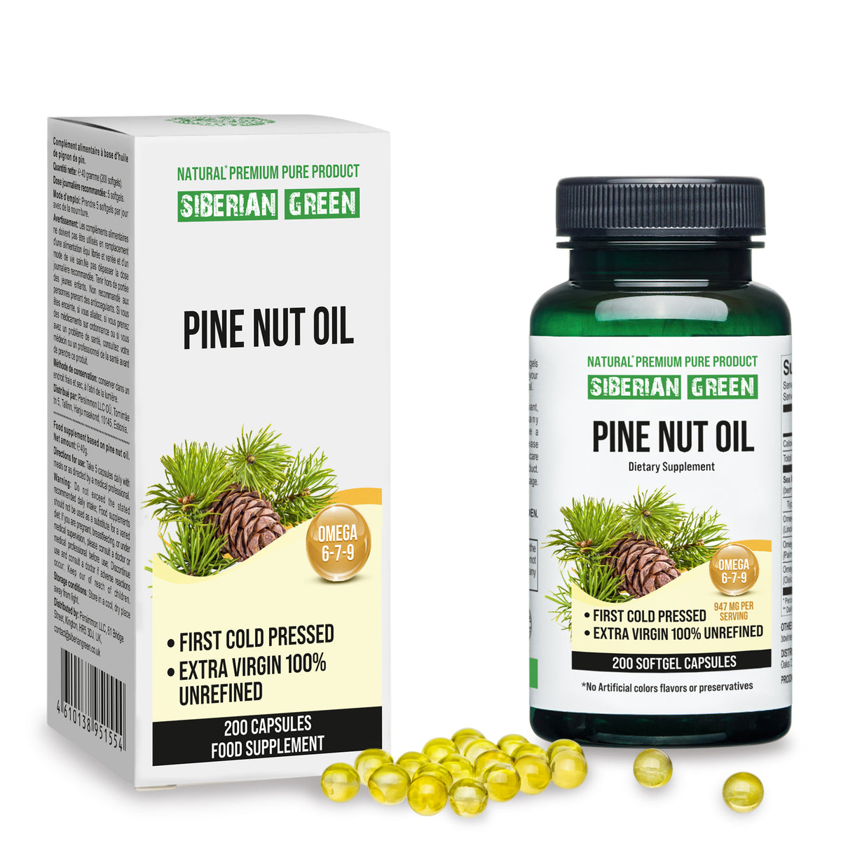 Sibirisches Pinienkernöl Kapseln - 200 Softgels | Wild geerntet & kalt gepresst