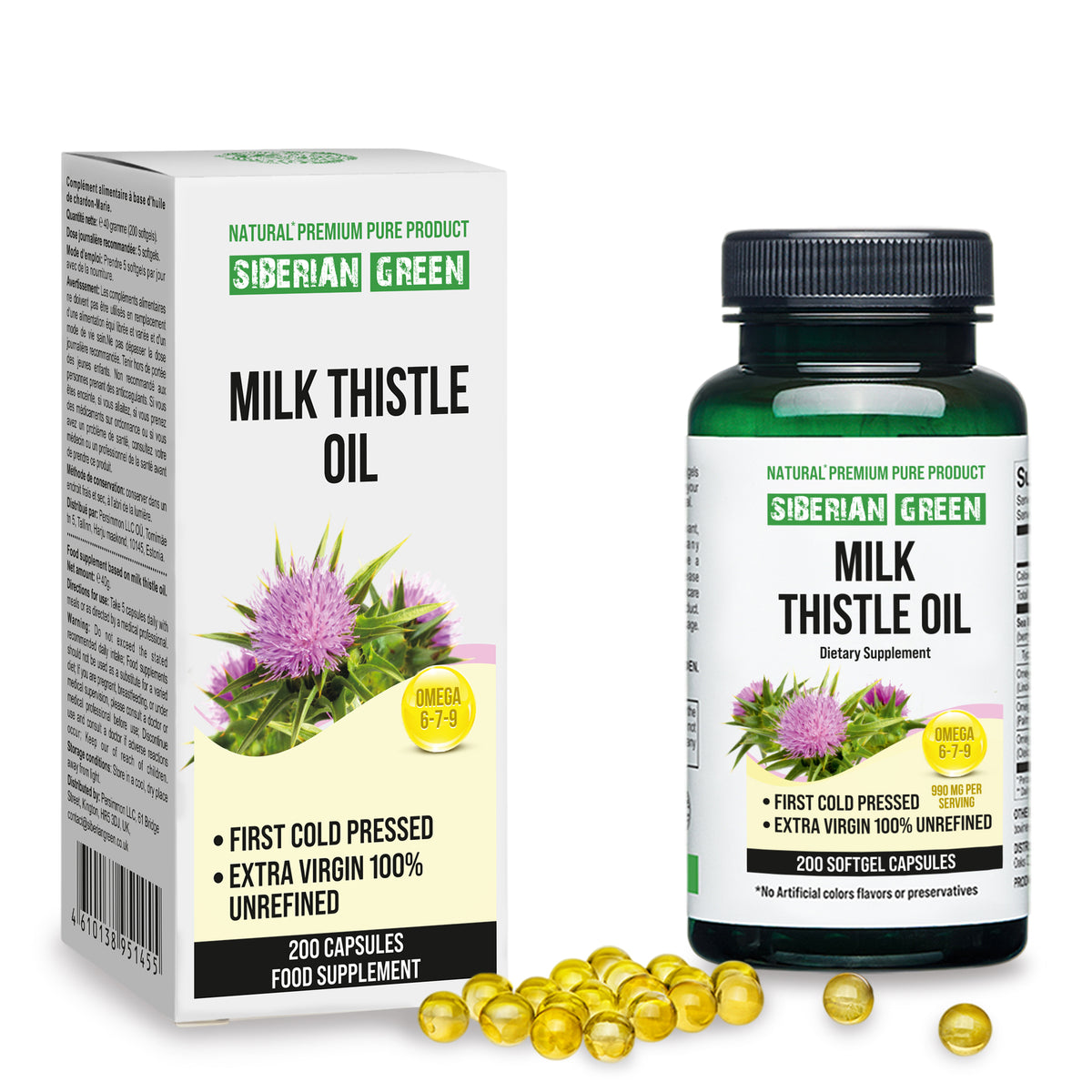 Sibirisches grünes Mariendistelöl Kapseln - 200 Softgels | Kaltgepresst & unraffiniert