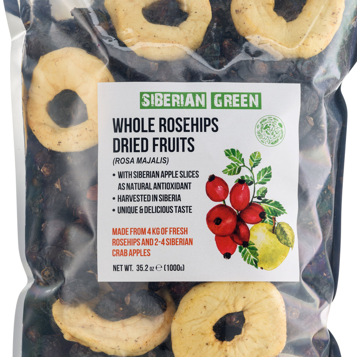 Sibirische getrocknete Hagebutten ganze Kerne mit Apfelscheiben - 1 kg | Naturbelassenes, nährstoffkonserviertes Produkt