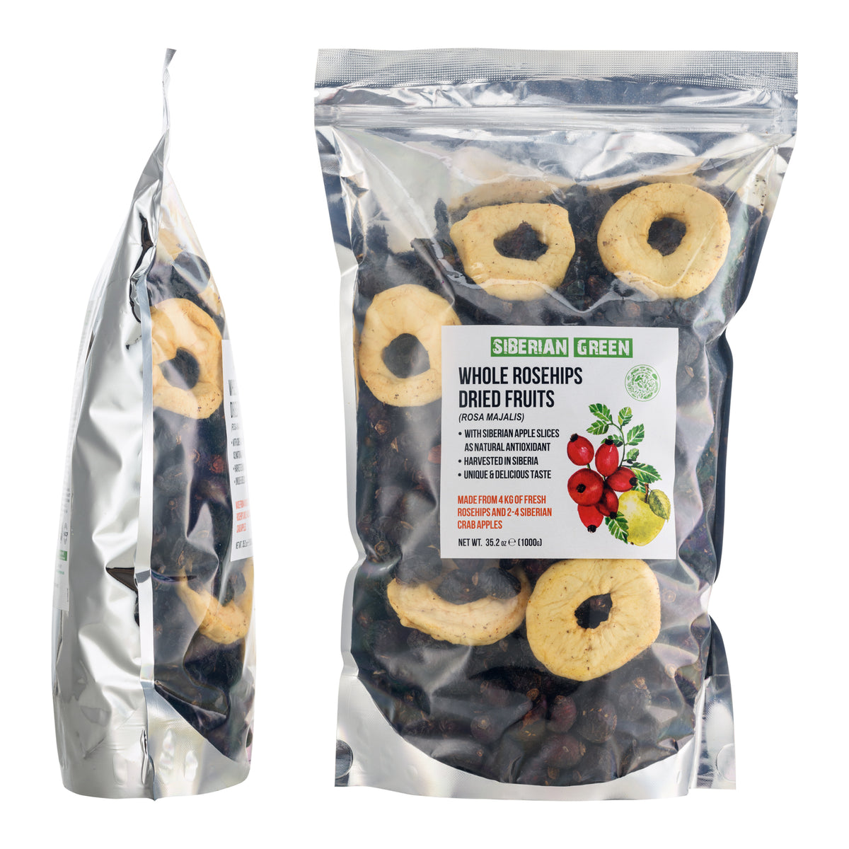 Sibirische getrocknete Hagebutten ganze Kerne mit Apfelscheiben - 1 kg | Naturbelassenes, nährstoffkonserviertes Produkt