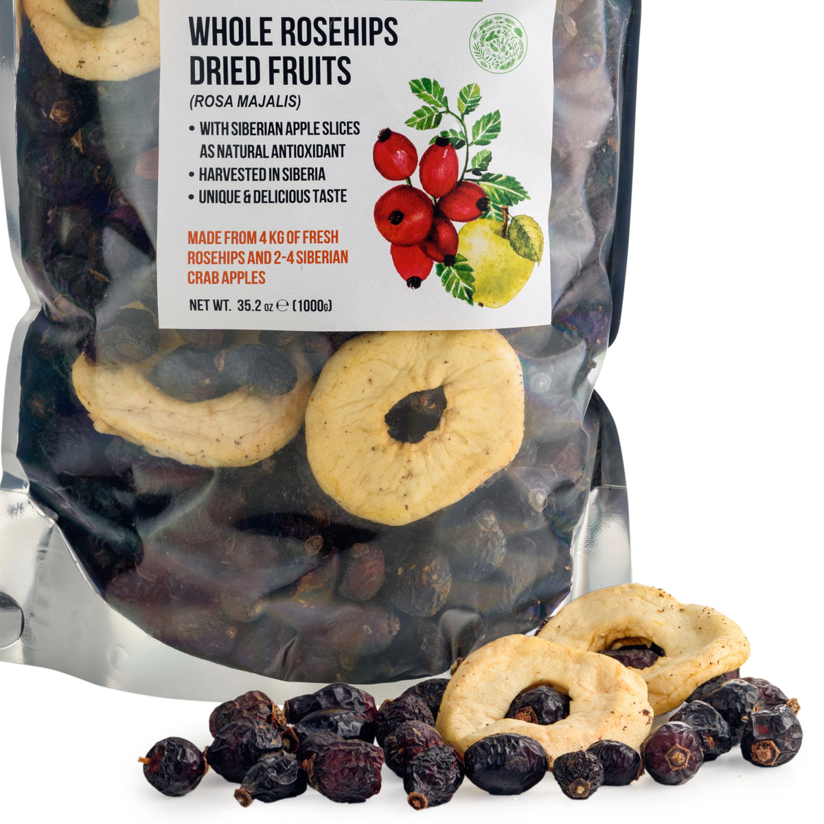 Sibirische getrocknete Hagebutten ganze Kerne mit Apfelscheiben - 1 kg | Naturbelassenes, nährstoffkonserviertes Produkt