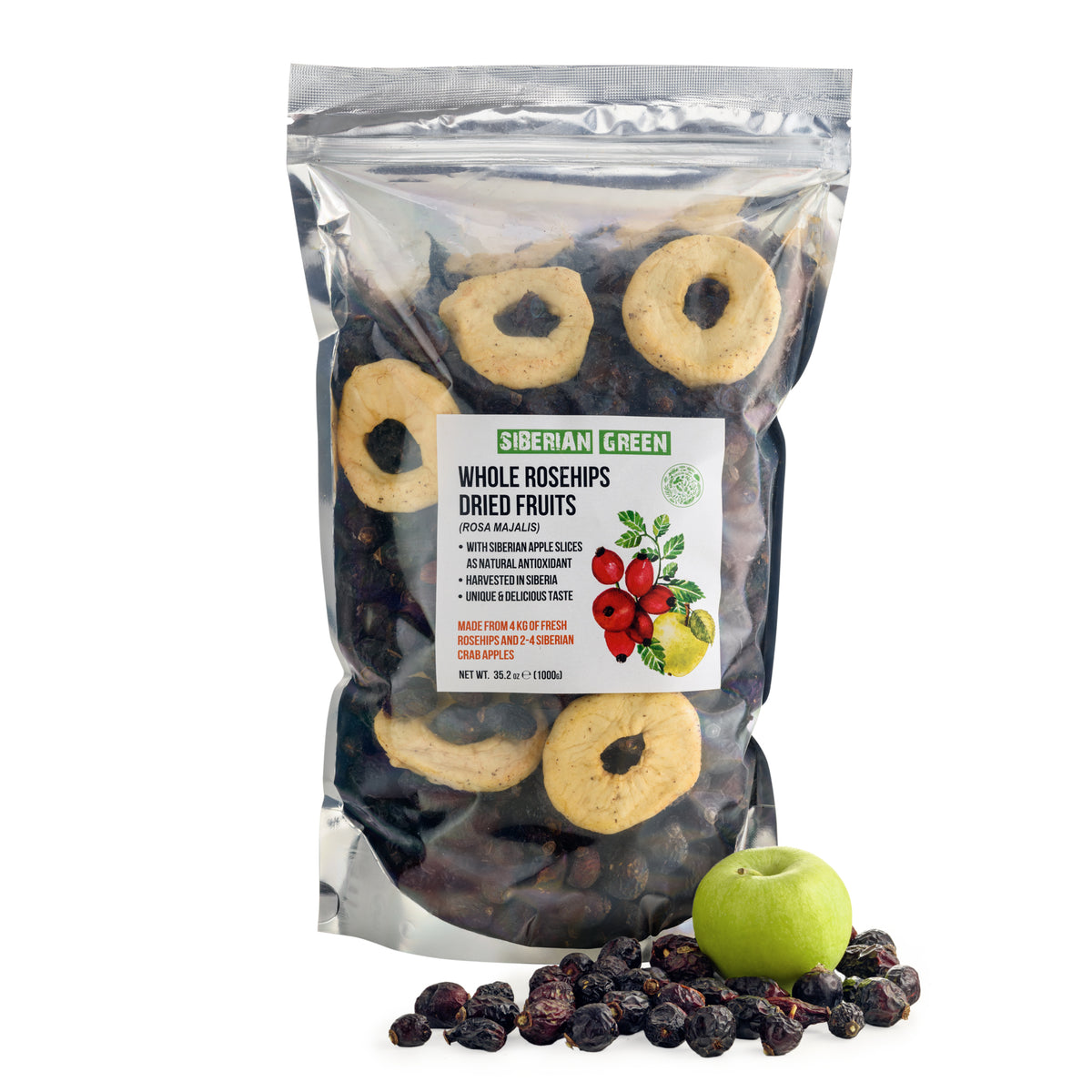 Sibirische getrocknete Hagebutten ganze Kerne mit Apfelscheiben - 1 kg | Naturbelassenes, nährstoffkonserviertes Produkt