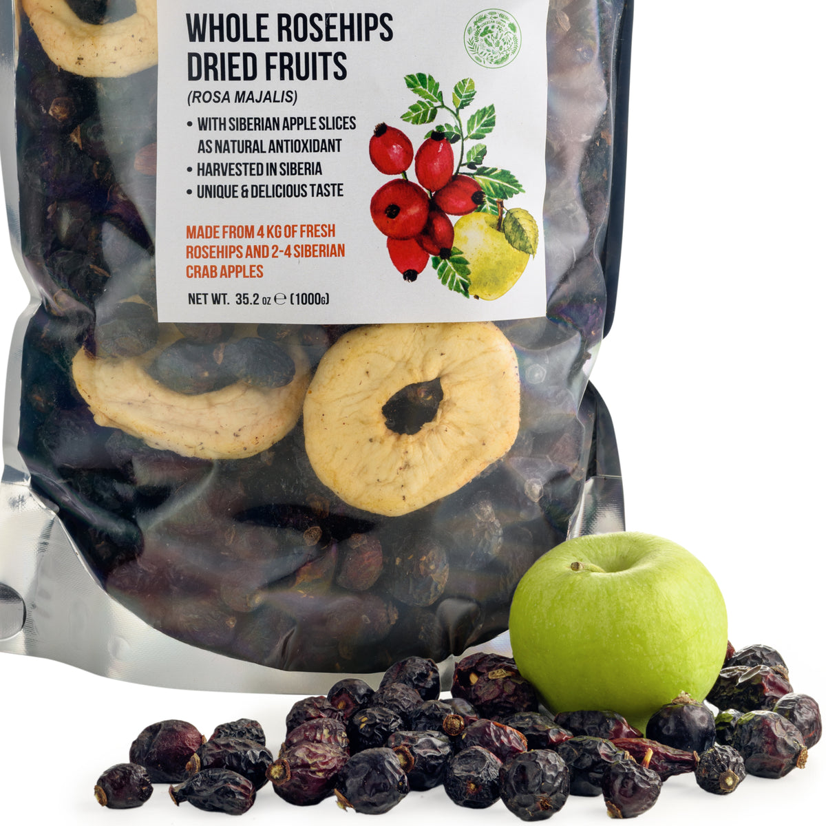 Sibirische getrocknete Hagebutten ganze Kerne mit Apfelscheiben - 1 kg | Naturbelassenes, nährstoffkonserviertes Produkt