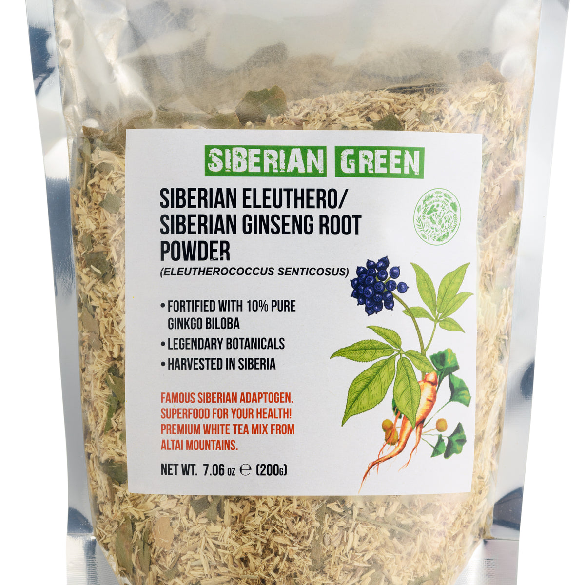 Sibirischer Ginseng Wurzelpulver mit Ginkgo Biloba - 200g | 100% natürliche Eleuthero-Wurzel aus der Altai Taiga