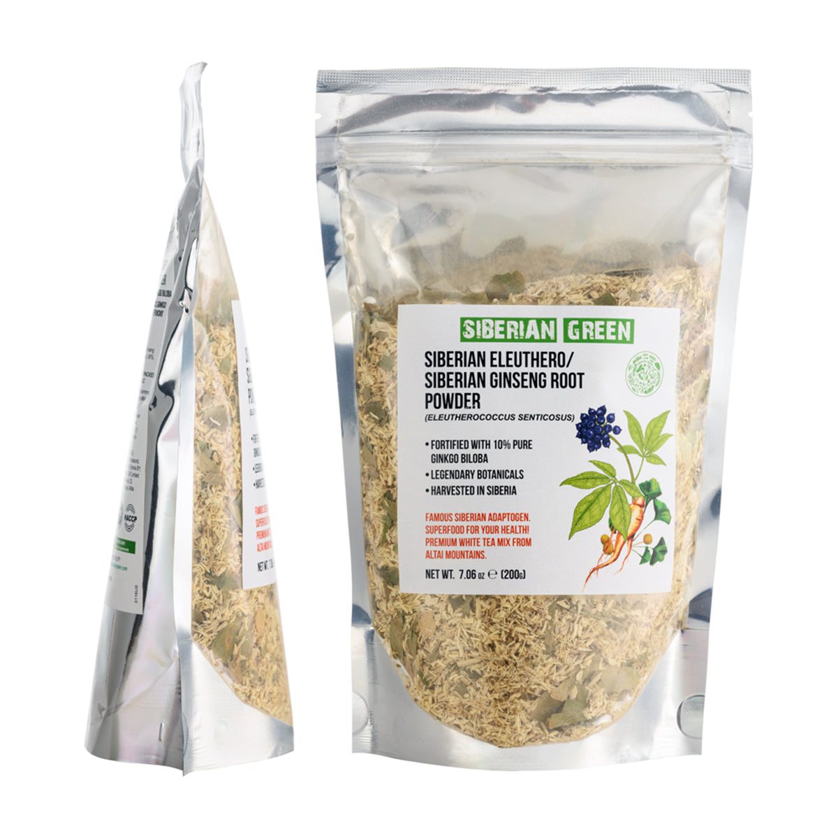 Sibirischer Ginseng Wurzelpulver mit Ginkgo Biloba - 200g | 100% natürliche Eleuthero-Wurzel aus der Altai Taiga