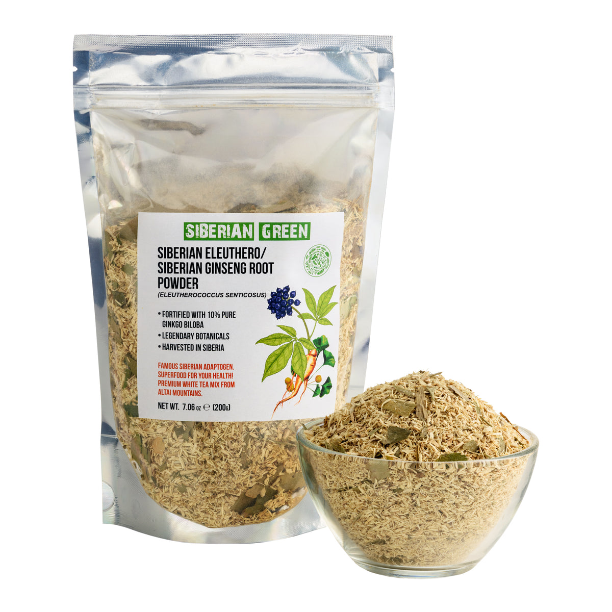 Sibirischer Ginseng Wurzelpulver mit Ginkgo Biloba - 200g | 100% natürliche Eleuthero-Wurzel aus der Altai Taiga