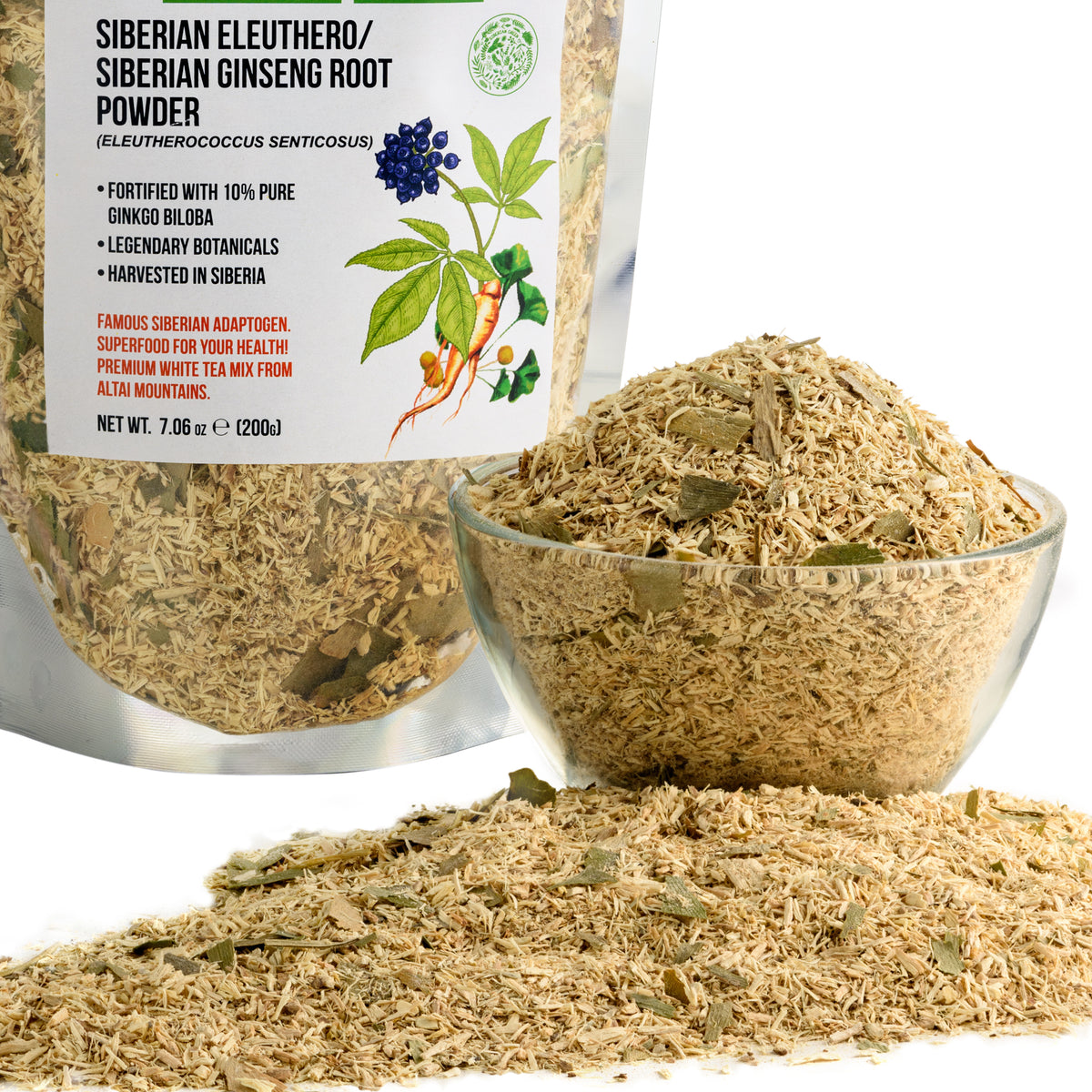 Sibirischer Ginseng Wurzelpulver mit Ginkgo Biloba - 200g | 100% natürliche Eleuthero-Wurzel aus der Altai Taiga