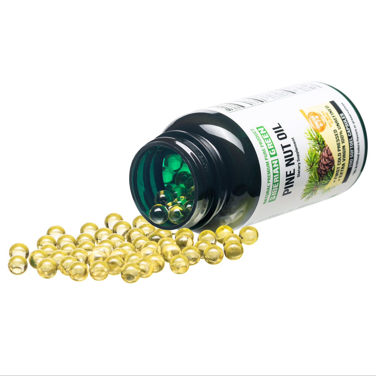 Sibirisches Pinienkernöl Kapseln - 200 Softgels | Wild geerntet & kalt gepresst