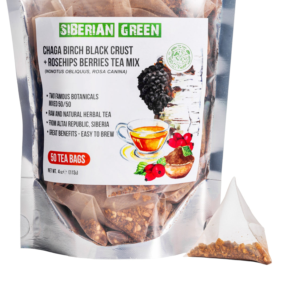 Premium Sibirischer Grüner Chaga-Tee mit Hagebutte in umweltfreundlicher Verpackung