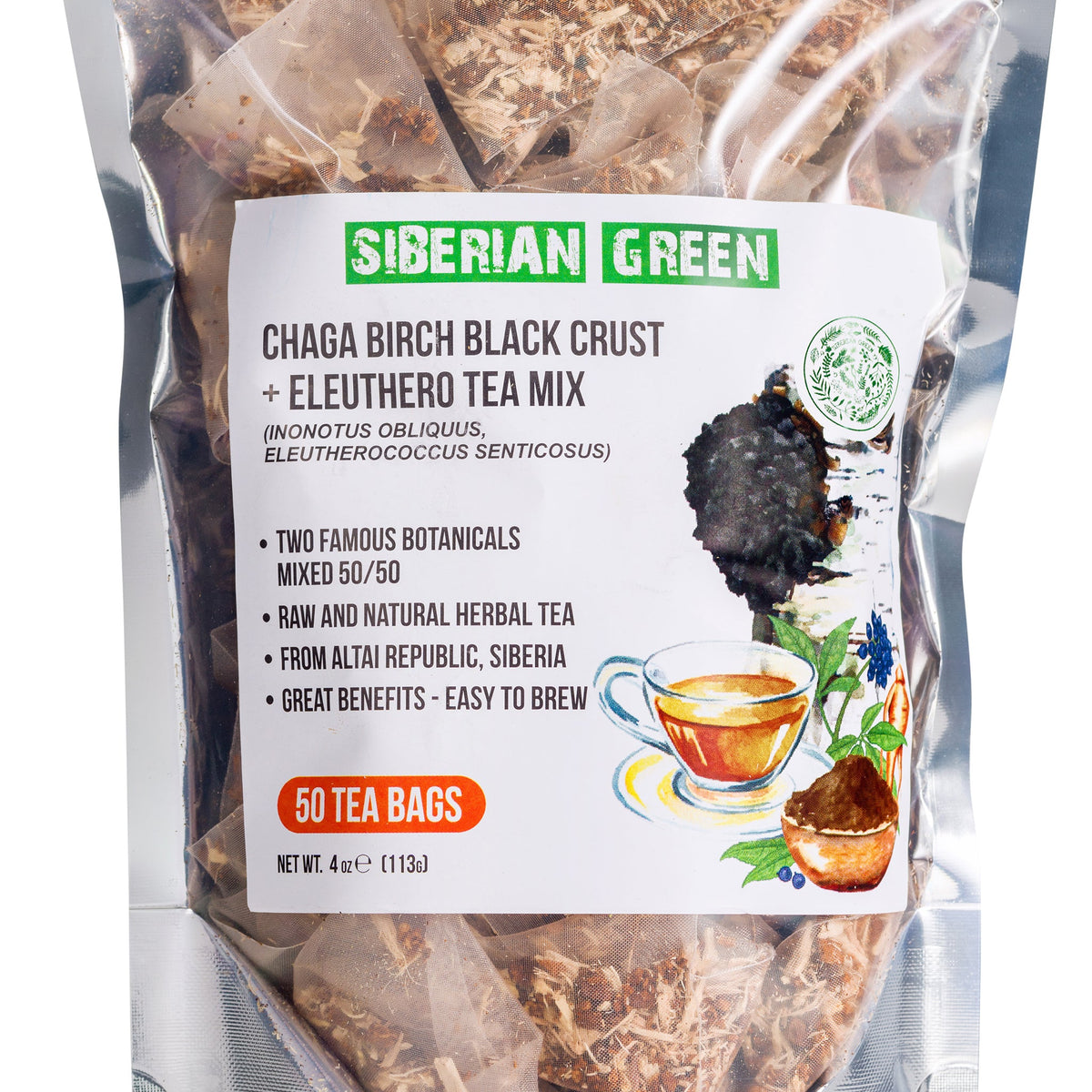 Nahaufnahme von Chaga-Tee mit Eleuthero-Wurzel-Teebeuteln