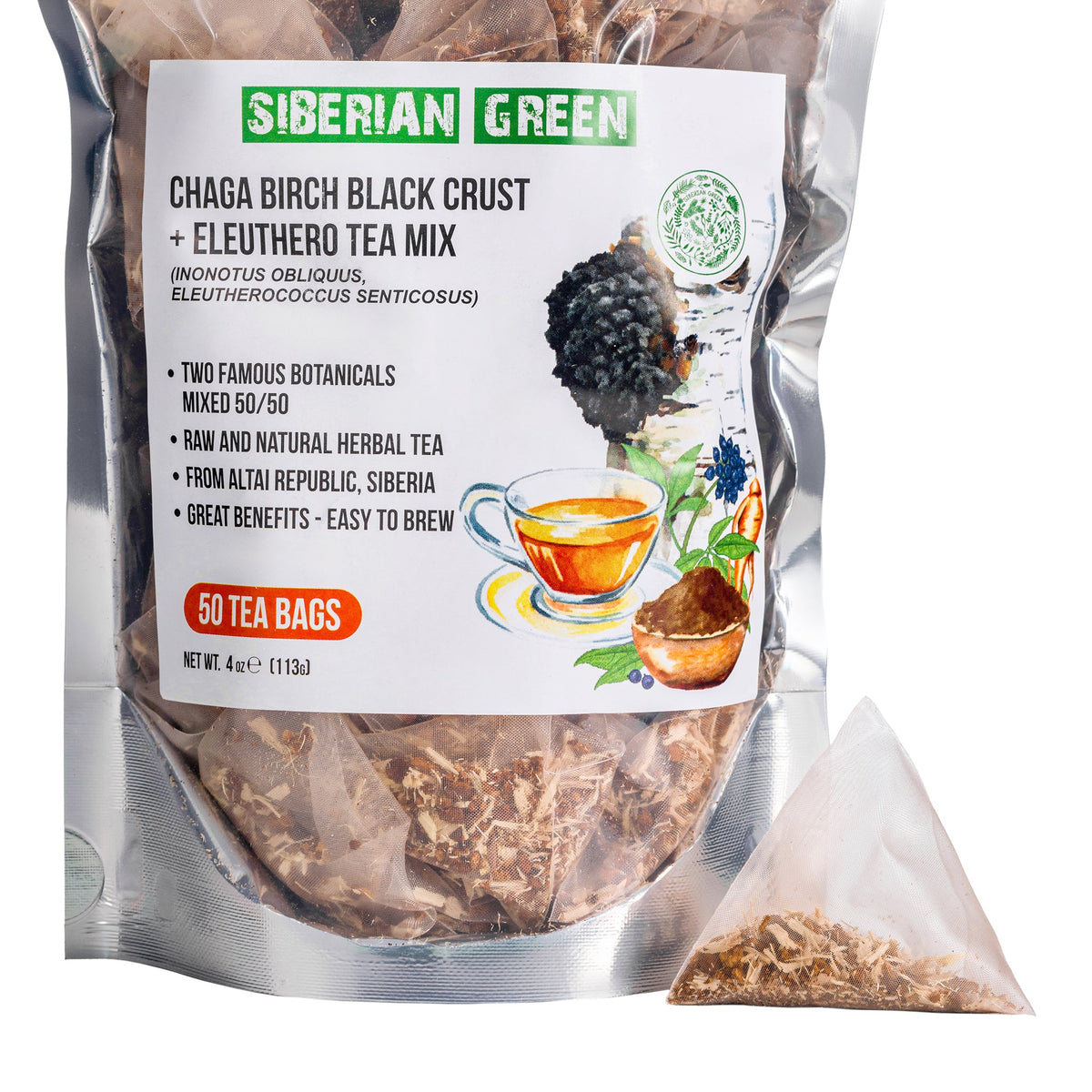 Sibirischer Grüner Chaga-Tee mit Eleuthero-Wurzel Verpackung
