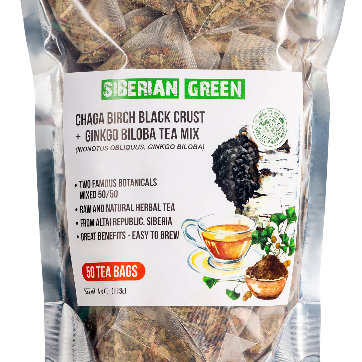 Nahaufnahme von Ginkgo Biloba- und Chaga-Teebeuteln