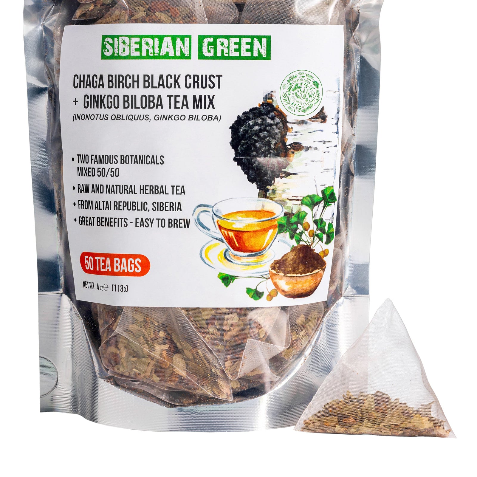 Sibirischer Grüner Ginkgo Biloba Tee mit Chaga Verpackung