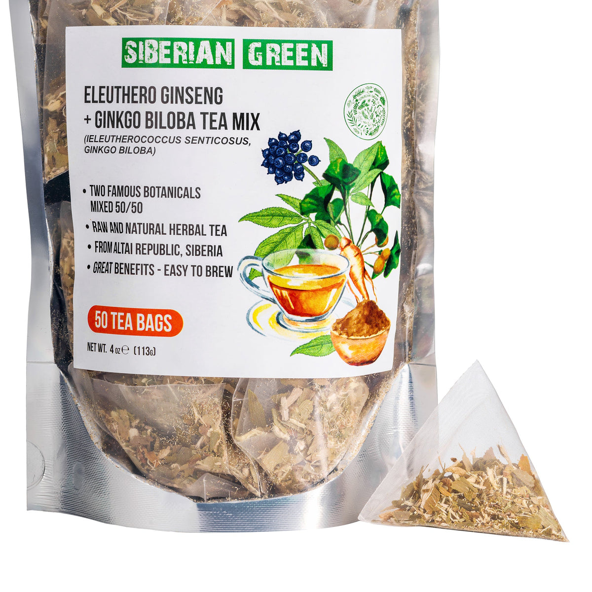 Sibirischer Grüner Ginkgo Biloba & Eleuthero Wurzeltee - 50 Beutel Packung